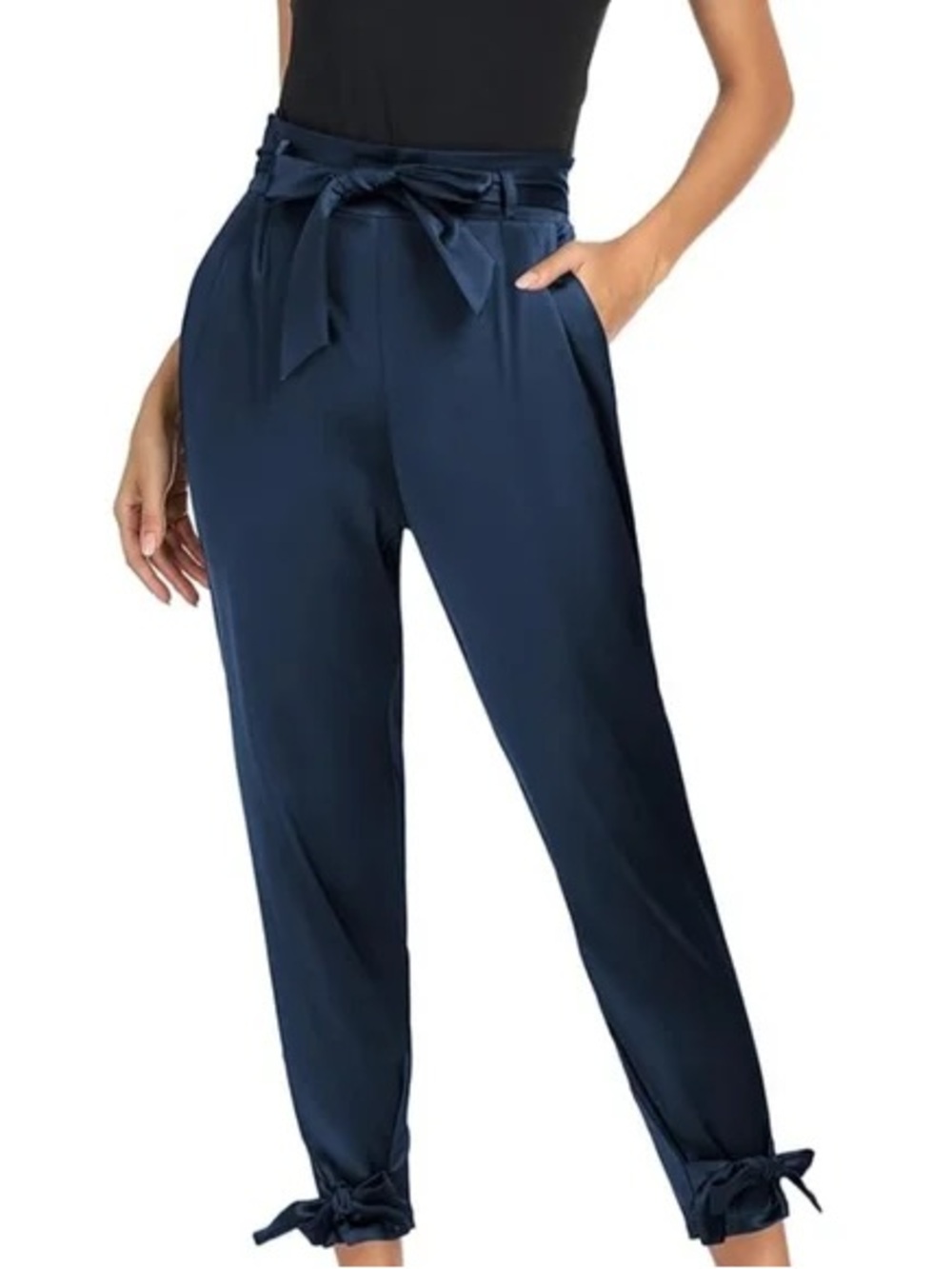 Navy High Waist Paper Bag Bow Tie Pencil Dress Pants Size Small